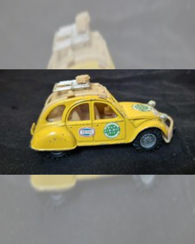 Citroën 2 CV OrangeGelb Modellauto „Raid Afrique 1973“ Rückzugsmotor Ente Vintage